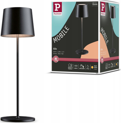 Llampë tavoline LED Paulmann Gilo 76996, portative, me bateri të rikarikueshme USB C, e zezë matte