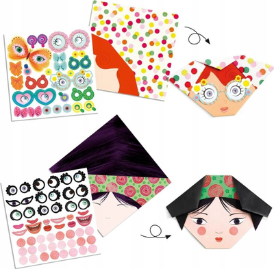 Set origami Djeco Pretty Faces, 24 fletë, me ngjitësa, shumëngjyrësh