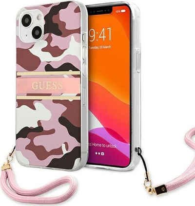 Mbrojtëse telefoni Guess GUHCP13MKCABPI iPhone 13 6.1", plastike e fortë, rozë Camo Strap