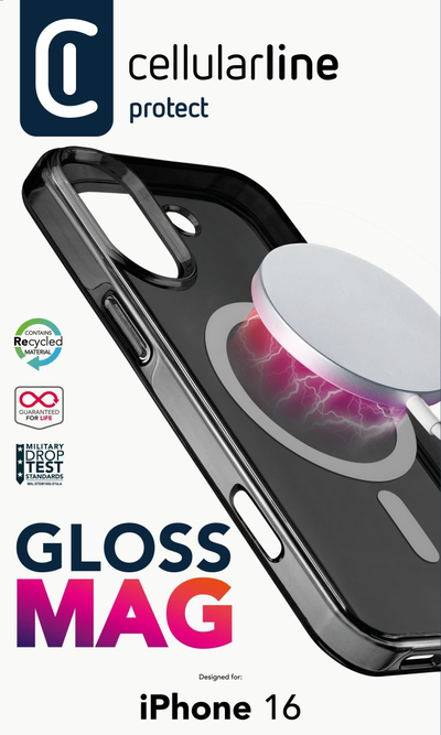 Maskë telefoni Cellularline Gloss Mag MagSafe për iPhone 16, rezistente ndaj goditjeve, transparente, e zezë