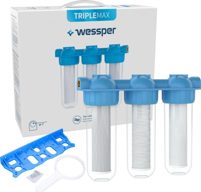 Filtër uji Wessper Triplemax, sistem trefazor 10", lidhje 1", blu e bardhë