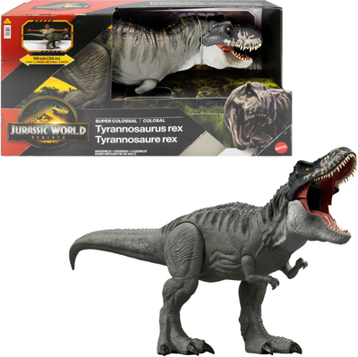 Figurë dinosauri Mattel Jurassic World Rebirth Super Colossal Tyrannosaurus Rex, 99 cm, nyje të lëvizshme, gri