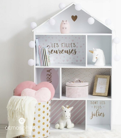 Raft lodrash Homek Toy Shelf, 7 ndarje, formë shpie, bardh e rozë