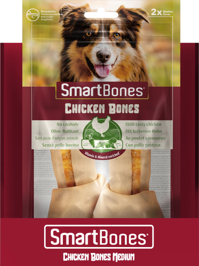 Kocka përtypëse për qen SmartBones Chicken Bones Medium, pa lëkurë, 2 copë