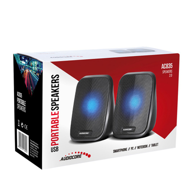 Bokse kompjuteri Audiocore AC835, stereo, USB, me ndriçim LED blu