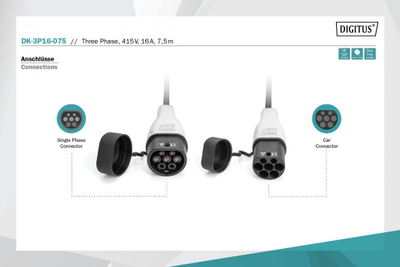 Kabllo karikimi për vetura elektrike Digitus DK-3P16-075 Type 2 në Type 2, 11kW, 7.5m, gri