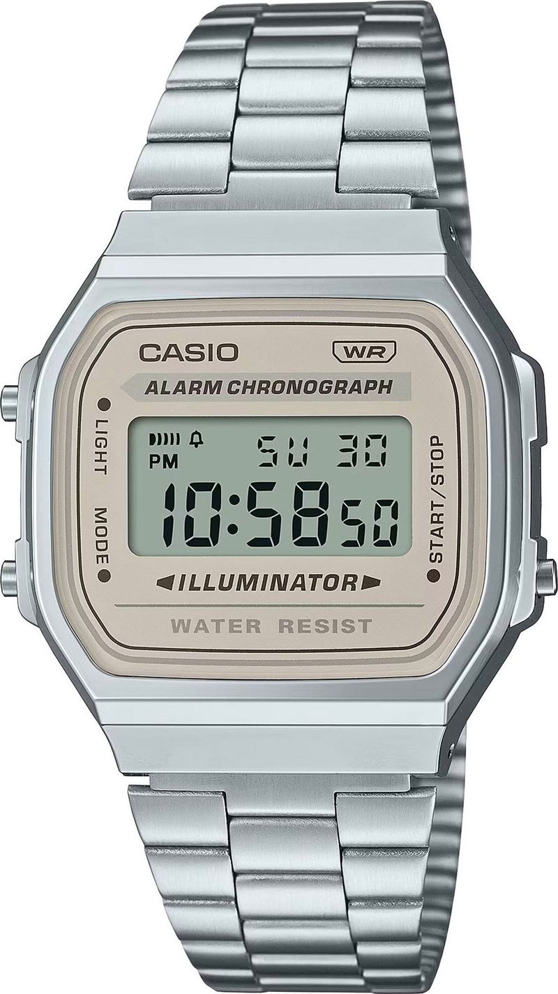 Orë digjitale Casio A168WA 8A Vintage, kronometër dhe alarm, argjend