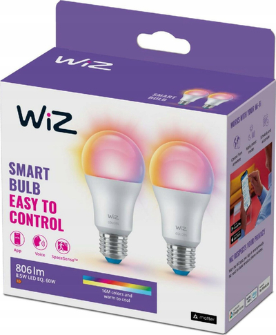 Llambë smart WiZ A60 LED, 8.5W, E27 RGBW, set me 2 llamba