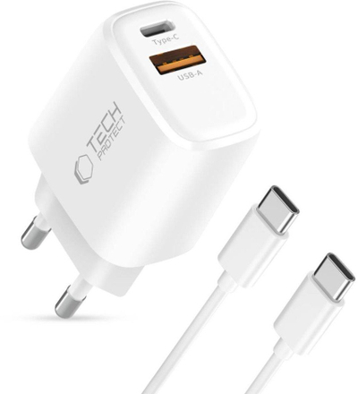 Karikues muri Tech-Protect NCA20, 20W PD QC3.0, USB-A USB-C me kabllo USB-C 100cm, i bardhë