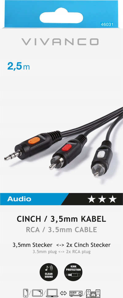 Kabllo audio Vivanco 46031, 3.5mm në 2x RCA, 2.5m, i zi