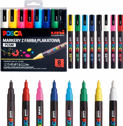 Set markera Posca Uni-Ball PC-3M, 8 ngjyra, majë e hollë 0.9-1.3 mm, shumëngjyrësh