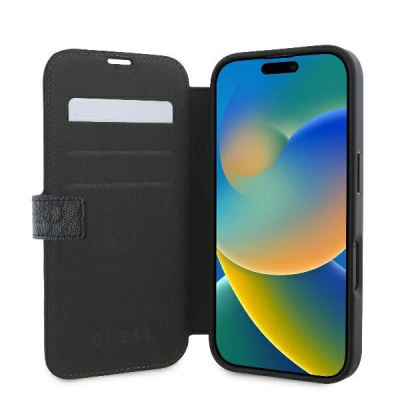 Mbulesë telefoni Guess GUBKP16S4GMGGR për iPhone 16 6.1", lëkurë eko, me xhepa kartash, e zezë