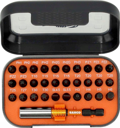 Set bitash Bahco Torsion, 31 copë, shumëllojshmëri Hex Phillips Torx, portokalli e zi