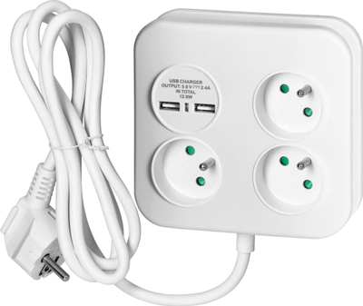Shtrirës elektrik Virone PS-4/W, 3x prizë, 2x USB, 1.4 m, i bardhë