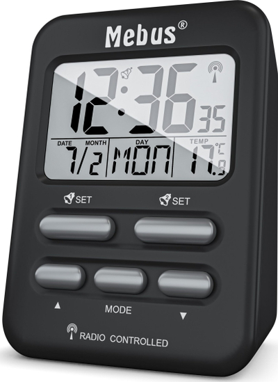 Orë alarmi dixhitale Mebus 25799, ekran i madh, matje temperature, e zezë