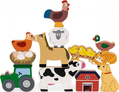 Lodër druri Viga Wooden Blocks Stacking Puzzle Farm Animals, 12 figura, Montessori