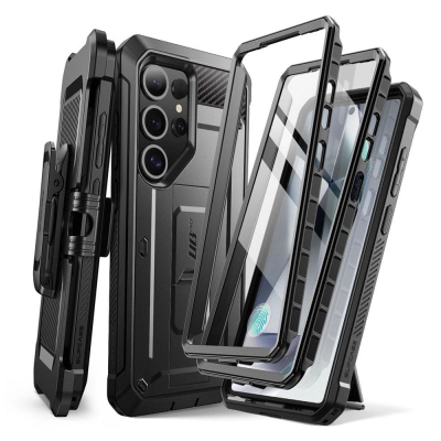 Këllëf telefoni SUPCASE Unicorn Beetle Pro, për Samsung Galaxy S25 Ultra, me mbrojtës ekrani, me kickstand, i zi