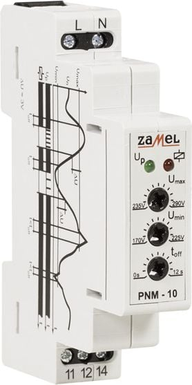 Rele tensioni njëfazore Zamel PNM-10, 230V AC, montim në shinë DIN, gri