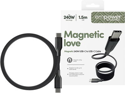 Кабел за полнење PanzerGlass Empower by Magnetic, USB C во USB C, 240W, 1.5m, црна боја