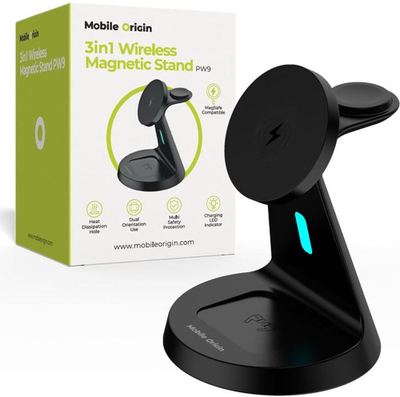 Karikues wireless 3n1 Mobile Origin PW9, me sustë magnetike MagSafe, për iPhone, Apple Watch edhe kufje, i zi