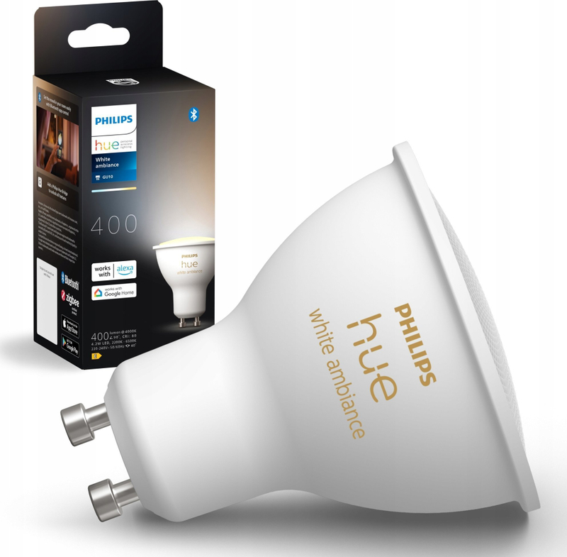 Llambë smart Philips Hue White Ambiance GU10, LED 4.2W, Bluetooth, e bardhë