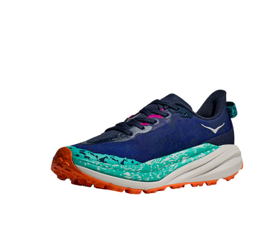 Atlete vrapimi trail Hoka Speedgoat 6 Women, tekstile sintetike, shollë Vibram, blu me portokalli