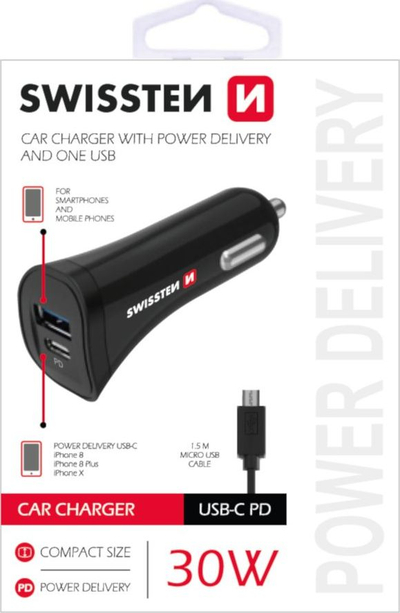 Karikues makine Swissten CL, 30W, USB C PD dhe USB 2.4A, me kabllo Micro USB