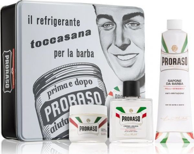 Set rroje Proraso KT-PRO-005 Vintage Toccasana, për lëkurë të ndjeshme, kuti metal, e bardhë