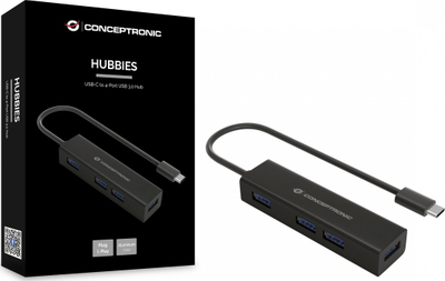 HUB USB Conceptronic HUBBIES07B, USB C në 4 porta USB 3.0, 5 Gbit/s, i zi