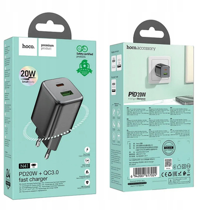 Karikues rrjeti Hoco N41, 20W, 3A PD QC3.0, i zi