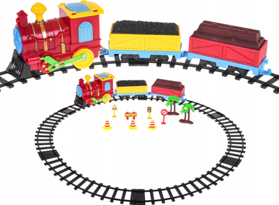 Set tren lodër RoGer Cartoon Train, me drita edhe tinguj, me shina rreth, shumëngjyrësh