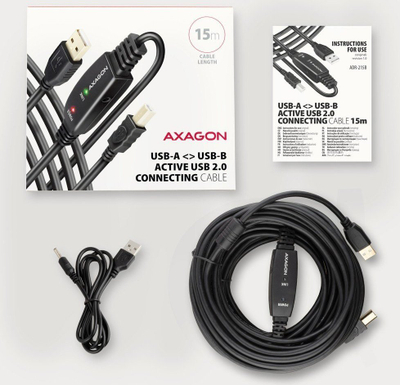 Kabllo USB Axagon ADR-215B, USB-A në USB-B, 15 m, e zezë