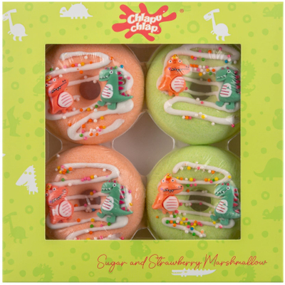 Set banjo Splash Splash Dino, 4 x 60 g, aromë luleshtrydhe marshmallow, nga 3 vjeç