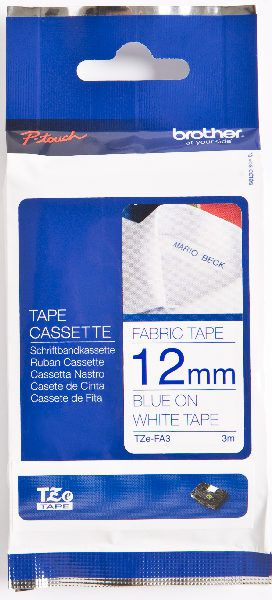 Kasetë etiketuese pëlhure Brother TZE-FA3, 12mm, 3m, e bardhë me shkrim blu