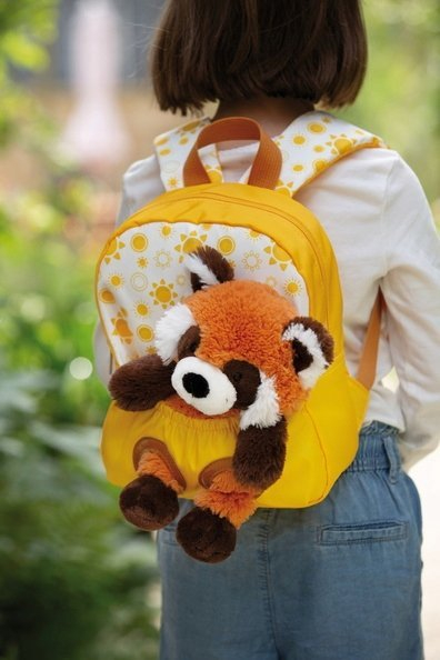 Çantë shpine për kalamaj NICI Backpack With Plush Raccoon, lodër plushe rakun 25 cm, e verdhë