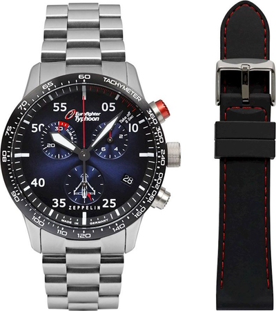 Orë dore Zeppelin 7298M-3SET Eurofighter, kronograf quartz 43mm, me tachymeter, çelik inoks