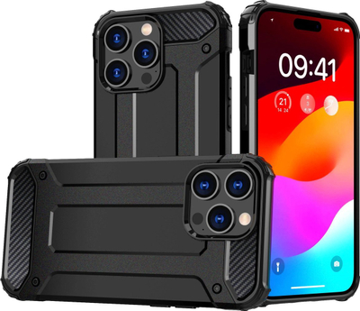 Kapak mbrojtës Armor për iPhone 15 Pro, hibrid TPU dhe polikarbonat, i zi