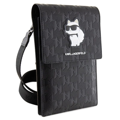 Çantë telefoni Karl Lagerfeld Saffiano Monogram Choupette, me rrip, e zezë