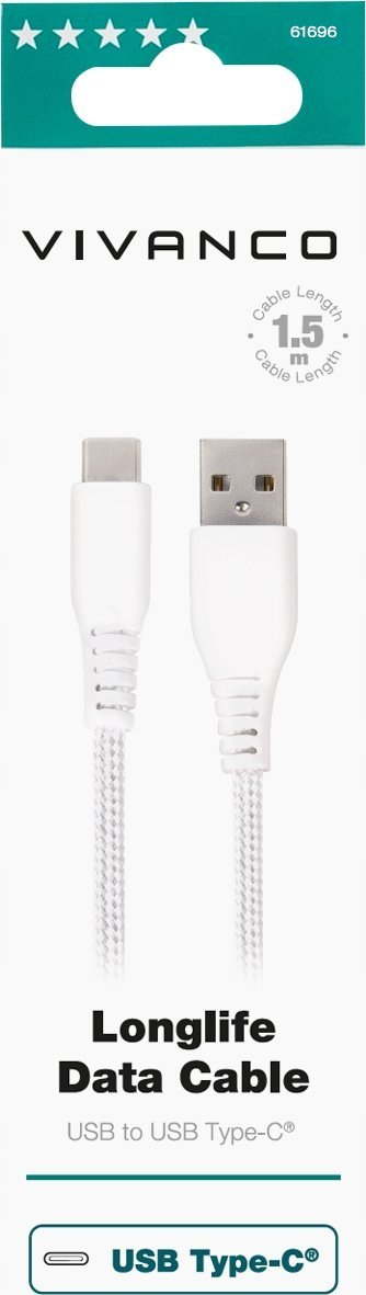 Kabllo karikimi Vivanco LongLife, USB në USB Type C, 1.5m, e bardhë