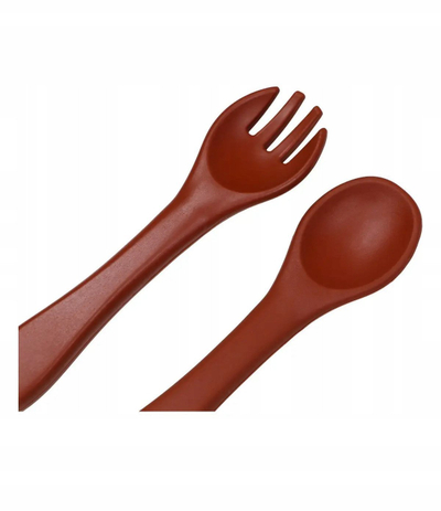 Set lugë dhe pirun për kalamaj, silikon, 100% LFGB, ngjyrë Dark Rust