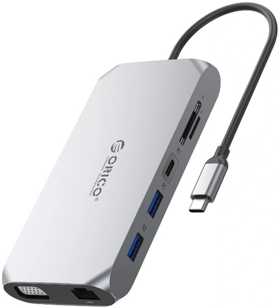 Stacioni Docking Orico XCR 12-në-1 USB-C, HDMI, VGA, RJ45, PD 100W, i hirtë