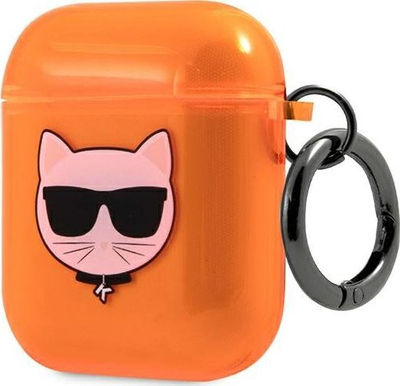 Kapak mbrojtës Karl Lagerfeld KLA2UCHFO Choupette për AirPods 1/2, TPU, me kapëse, portokalli fluo