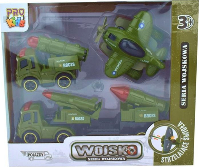 Set lodrash ushtarake Pro Kids Wojsko, 3 makina dhe avion, 3+ vjeç, ngjyrë jeshile