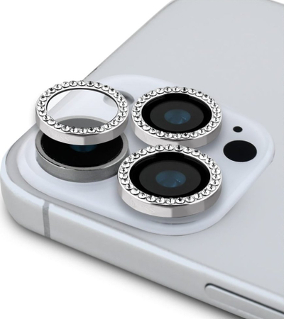 Mbrotës ekrani edhe kamere Guess BP Rhinestone për iPhone 16 Pro Max, xham i temperum, me kornizë argjendi