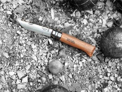 Thikë palos Opinel N°08 me dru ulliri, çelik inox Sandvik, me dorezë dru ulliri edhe me këllëf