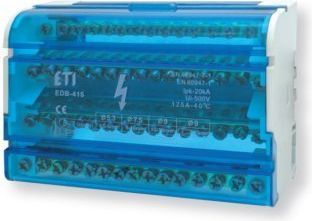 Zbarrë elektrike me 15 terminale, ETI EDB-415, 125 A, 4 poli, 400 V, 500 V izolim, 20 kA shkyçje, 50 × 133 × 88 mm, ngjyrë gri