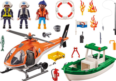 Set lodër Playmobil Coastal Fire Mission 70491, 55 pjesë, me helikopter edhe varkë shpëtimi, shumëngjyrësh