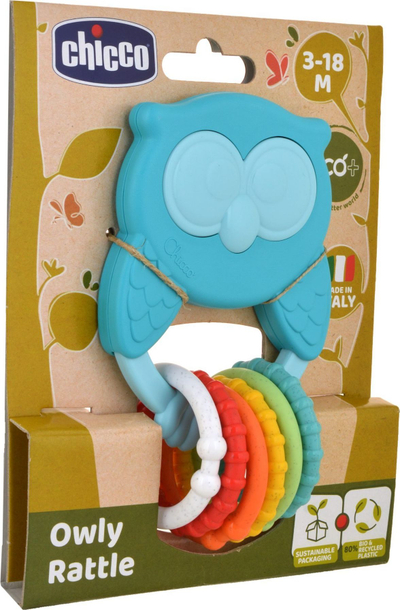 Lodër rrotulluese dhe kafshuese Chicco Rattle Owl, për foshnje 3m+, shumëngjyrëshe