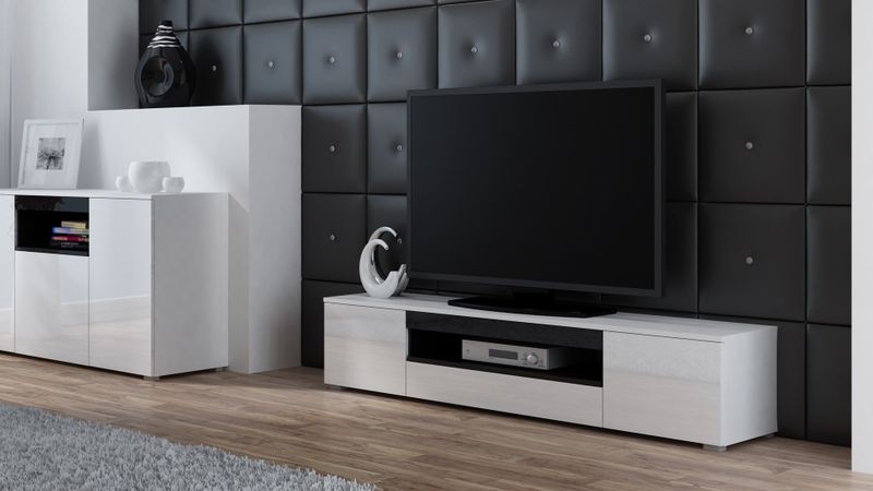 Komodë TV Cama Meble Viva 180, me ndriçim LED, bardh e zi
