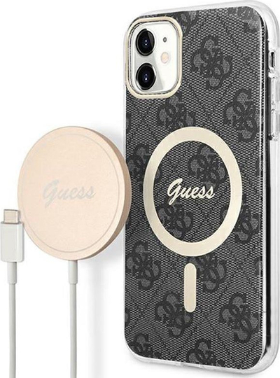 Set aksesorësh Guess Bundle Pack MagSafe 4G për iPhone 11, kuti mbrojtse, karikues MagSafe, e zezë me ari